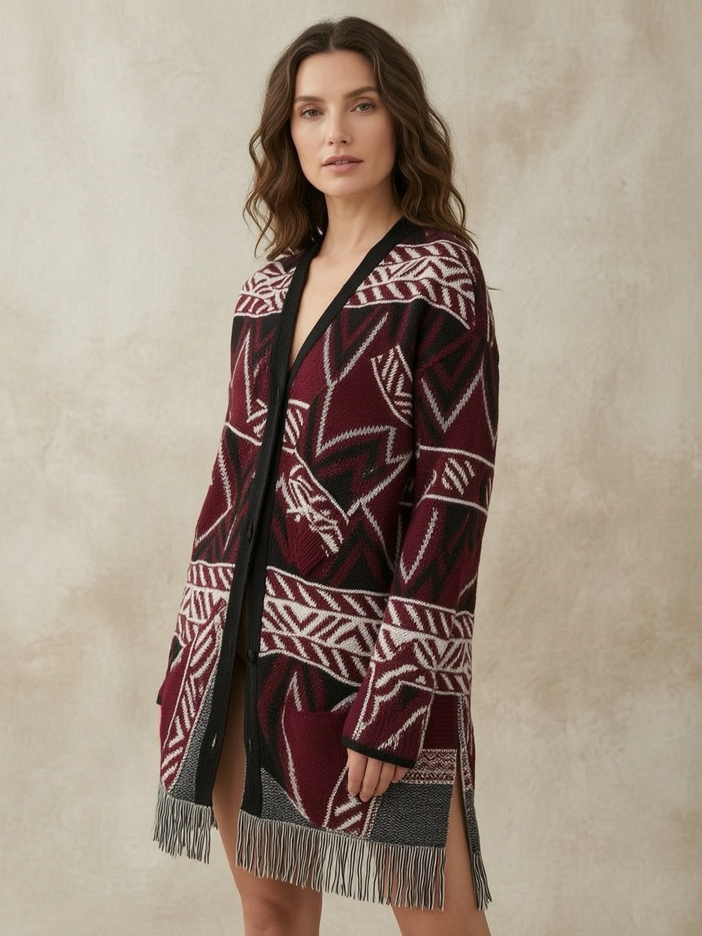 Burgundy Geometric Fringe Open-Front Cardigan